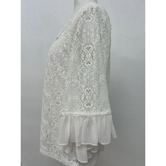 White House Black Market Lined White Lace Top Chiffon Ruffle Sleeves Sze S - Picture 5 of 16